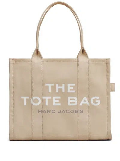Marc Jacobs Women 'the Large Tote' Beige Shoulder Bag With Contrasting Logo Print In Cotton Black Wo