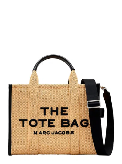 Marc Jacobs Women 'the Medium Tote' Beige Handbag With Logo Lettering Embroidery On The Front And Ad In Multi