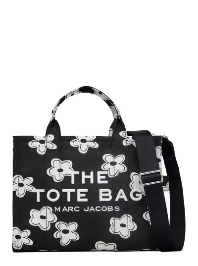 Marc Jacobs Women 'the Medium Tote' Black Handbag With Logo Lettering On The Front And All-over Flor In Multi