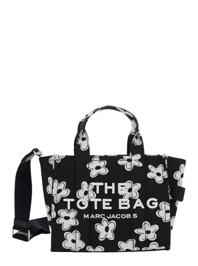 Marc Jacobs Women 'the Small Tote Bag' Black Handbag With All-over Flower Print And Embroidered Logo In Multi