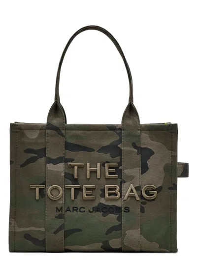 Marc Jacobs Camouflage Pattern Dark Green Tote Bag With Embroidered Logo In Gray
