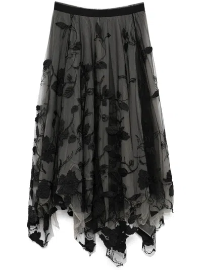 Marc Le Bihan Floral-embroidered Midi Skirt In Grey