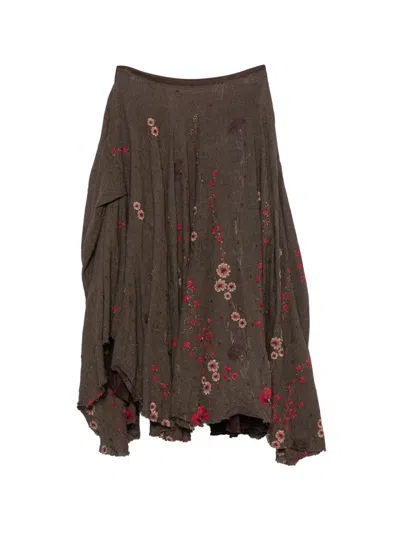 Marc Le Bihan Floral-embroidered Raw-edge Midi Skirt In Brown