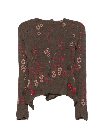 Marc Le Bihan Floral-embroidered Raw-edge Top In Brown