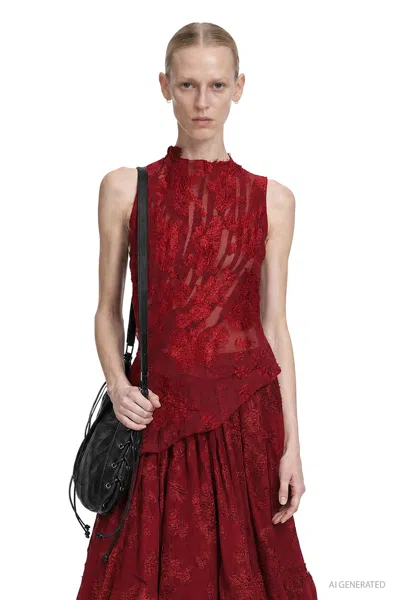 Marc Le Bihan Pleated Lace Long Sleeve Top In Red