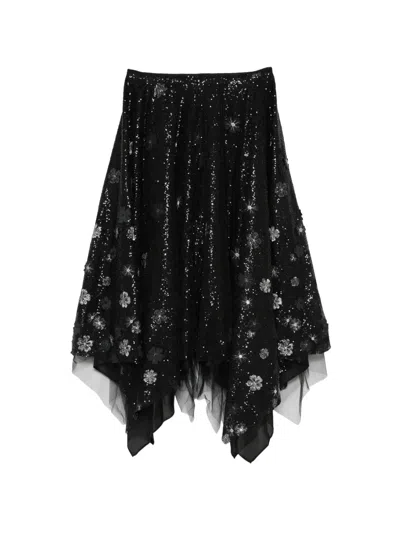 Marc Le Bihan Sequin-embellished Floral-appliqué Skirt In Black