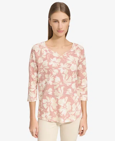 Marc New York Andrew Marc Sport Women's 3/4-sleeve Waffle-knit Tee In Rose Multi Floral