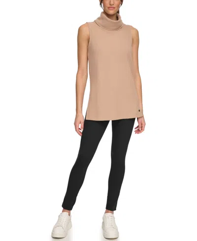 Marc New York Andrew Marc Sport Women's Brushed Rib Sleeveless Turtleneck Tunic With Side Vents Top In Camel