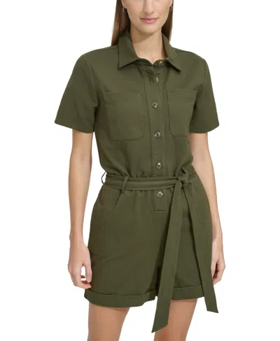 Marc New York Andrew Marc Sport Women's Button-front Tie-waist Twill Romper In Forest Green