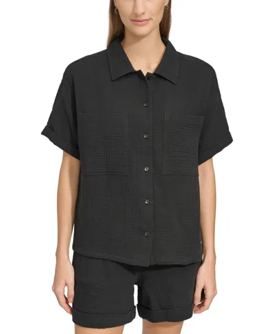 Marc New York Andrew Marc Sport Women's Short-sleeve Gauze Button-front Camp Shirt In Black