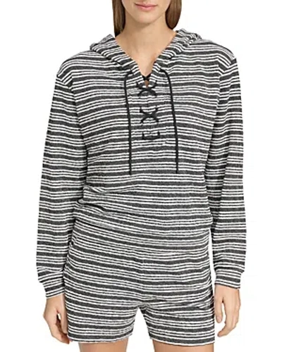 Marc New York Heritage Striped Lace Up Hoodie In Black White Combo