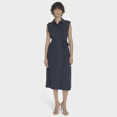 Marc New York Womens Belted Sleeveless Midi Shirt Dress In Blue