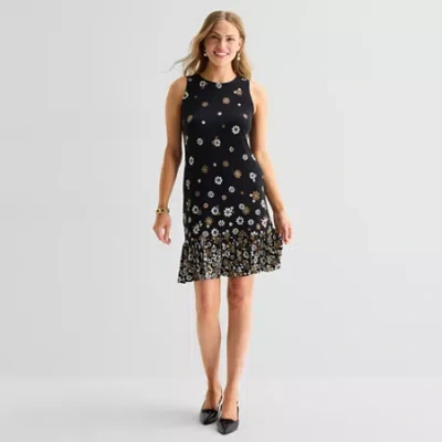 Marc New York Womens Round Neck Sleeveless Floral Shift Dress In Black