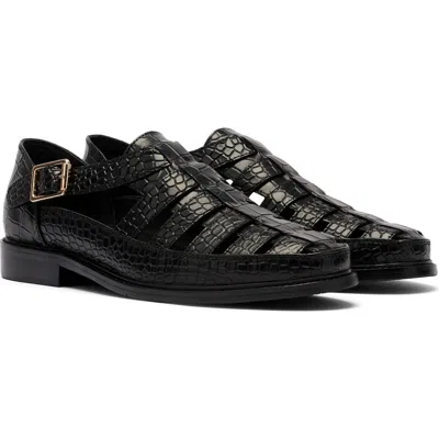 Marc Nolan Mariner Croc Embossed Leather Fisherman Sandal In Black