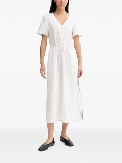 Marc O'polo Button-up Drawstring Flared Midi Dress In White