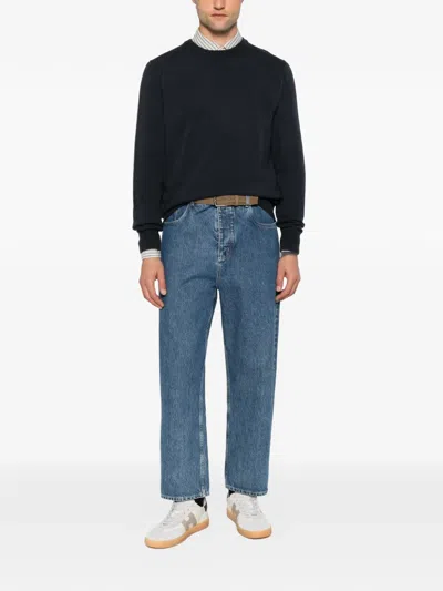 Marc O'polo Crew-neck Embroidered-logo Sweater In Blue