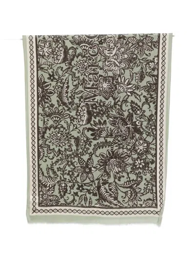 Marc O'polo Floral-print Frayed-edge Scarf In Green