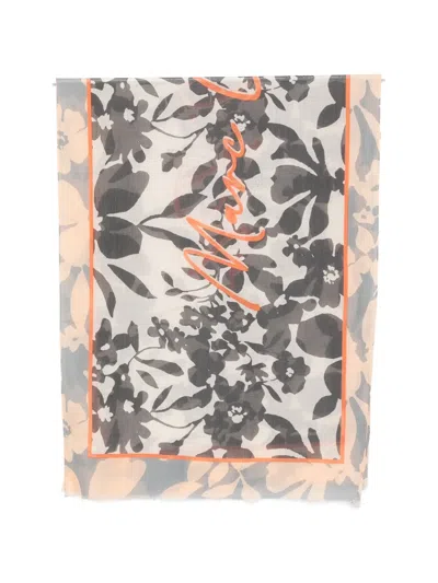 Marc O'polo Floral-print Logo-motif Scarf In Gray