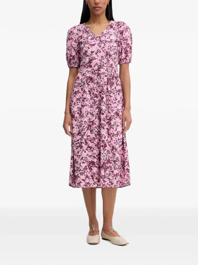 Marc O'polo Floral-print Puff-sleeve Midi Dress In Pink