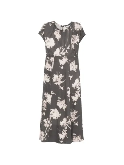 Marc O'polo Floral-print Side-slit Midi Dress In Gray