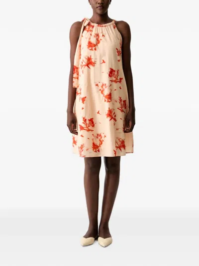 Marc O'polo Floral-print Tie-neck Mini Dress In Neutral