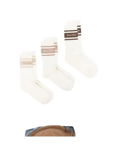 Marc O'polo Logo-embroidered Striped-detail Socks (set Of Three) In White