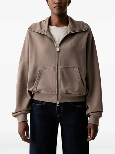 Marc O'polo Logo-embroidered Zip-up Hoodie In Brown