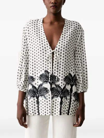 Marc O'polo Palm-print Front-tie Open Tunic In Neutral