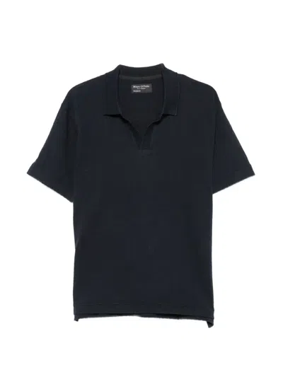 Marc O'polo Ribbed-knit Open-collar T-shirt In Black