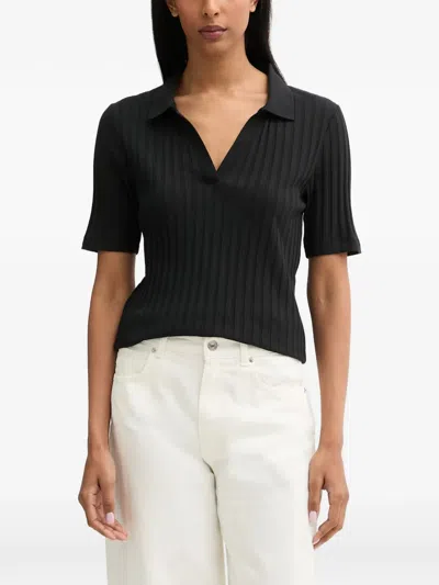 Marc O'polo Ribbed-knit Polo-collar Top In Black