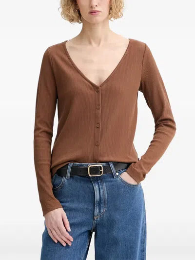 Marc O'polo Ribbed-knit V-neck Cardigan In Brown