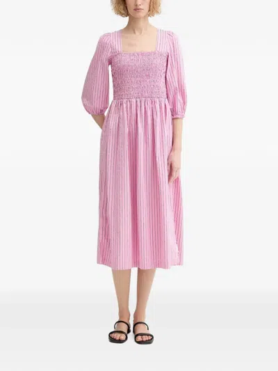 Marc O'polo Striped Shirred Midi Dress In Pink
