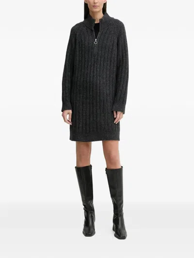 Marc O'polo Zip-neck Ribbed Mini Dress In Gray