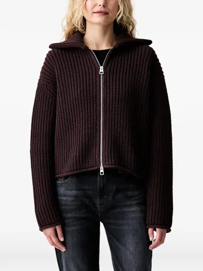 Marc O'polo Zip-up Ribbed Cardigan In Burgundy