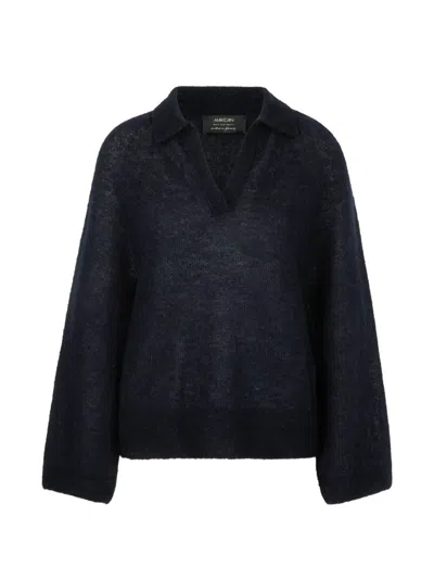 Marccain Fine-knit Polo Sweater In Blue