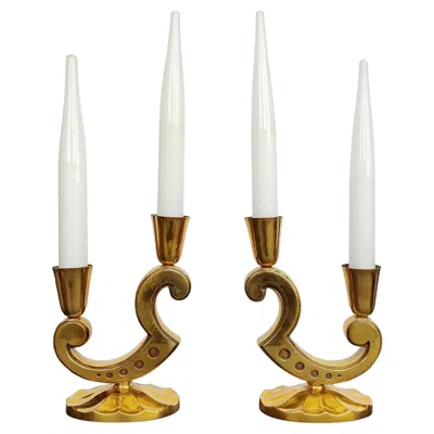 Pre-owned Marcel Guillemard Pair Of Gilt Bronze Table Lamps By  With Opaline Candle Shades In Gold
