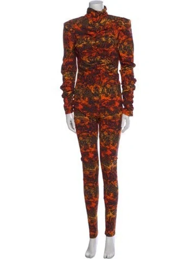 Pre-owned Marcell Von Berlin Animal Print Mock Neck Jumpsuit In Orange