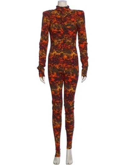 Pre-owned Marcell Von Berlin Animal Print Mock Neck Jumpsuit In Orange