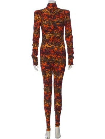 Pre-owned Marcell Von Berlin Animal Print Mock Neck Jumpsuit In Orange