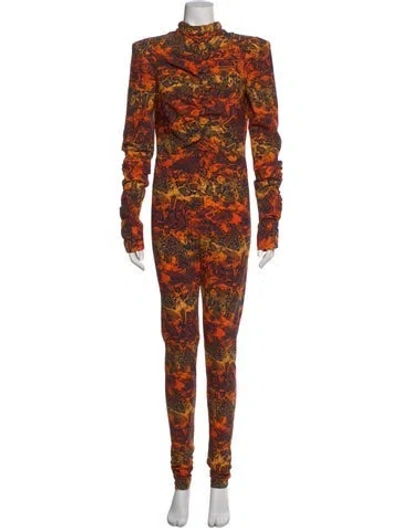 Pre-owned Marcell Von Berlin Animal Print Mock Neck Jumpsuit W/ Tags In Orange