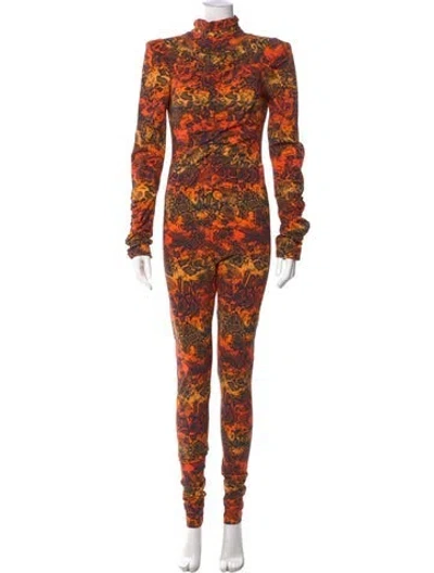 Pre-owned Marcell Von Berlin Animal Print Mock Neck Jumpsuit W/ Tags In Orange