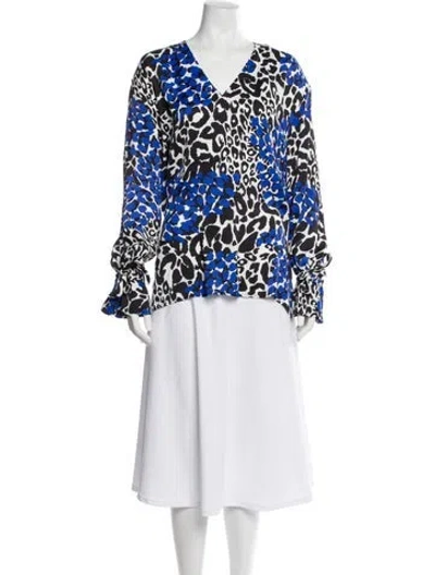 Pre-owned Marcell Von Berlin Animal Print V-neck Blouse In Blue
