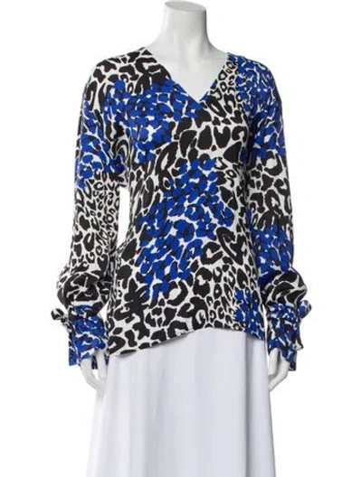 Pre-owned Marcell Von Berlin Animal Print V-neck Blouse W/ Tags In Blue