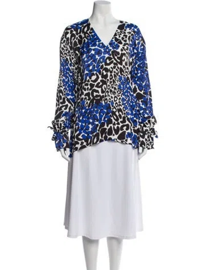 Pre-owned Marcell Von Berlin Animal Print V-neck Blouse W/ Tags In Blue