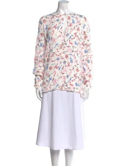 Pre-owned Marcell Von Berlin Floral Print Mock Neck Blouse In White