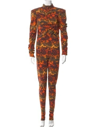 Pre-owned Marcell Von Berlin Floral Print Mock Neck Jumpsuit W/ Tags In Orange