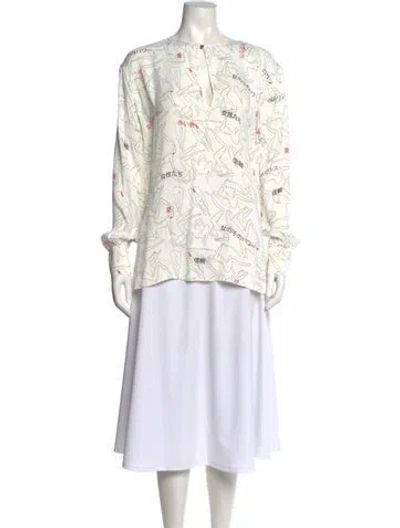 Pre-owned Marcell Von Berlin Floral Print Mock Neck Tunic In White