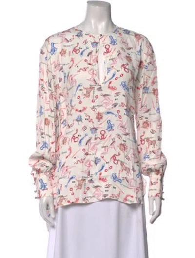 Pre-owned Marcell Von Berlin Graphic Print V-neck Blouse W/ Tags In White
