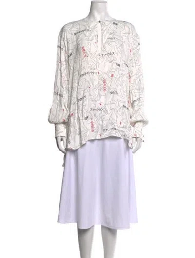 Pre-owned Marcell Von Berlin Graphic Print V-neck Blouse W/ Tags In White