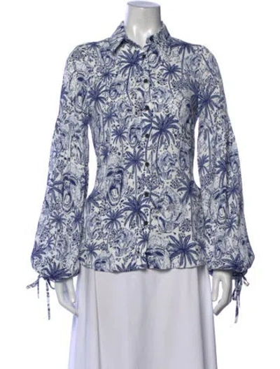 Pre-owned Marcell Von Berlin Printed Long Sleeve Blouse W/ Tags In Blue/white